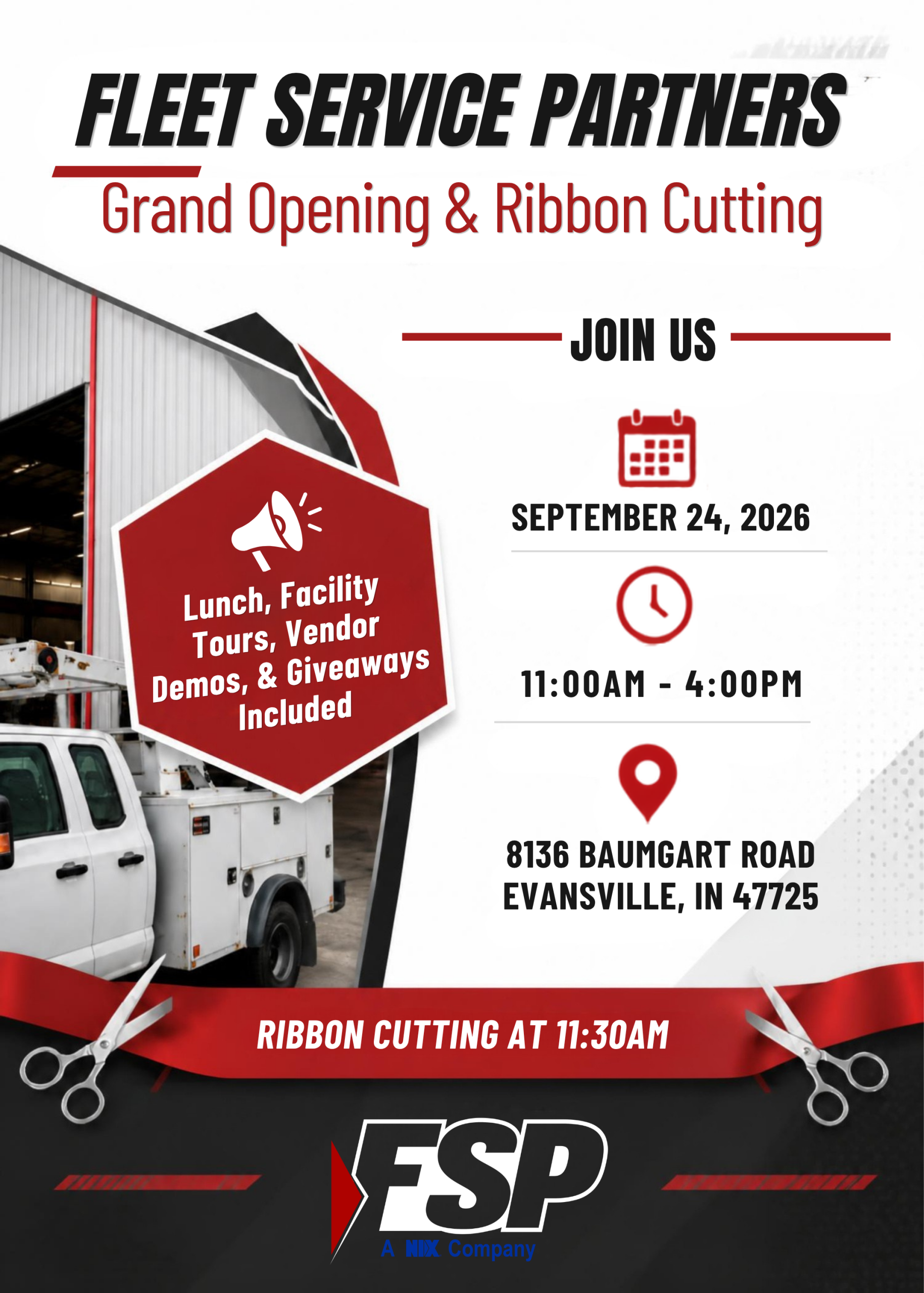 Invitation to the Fleet Service Partners Grand Opening & Ribbon Cutting event.